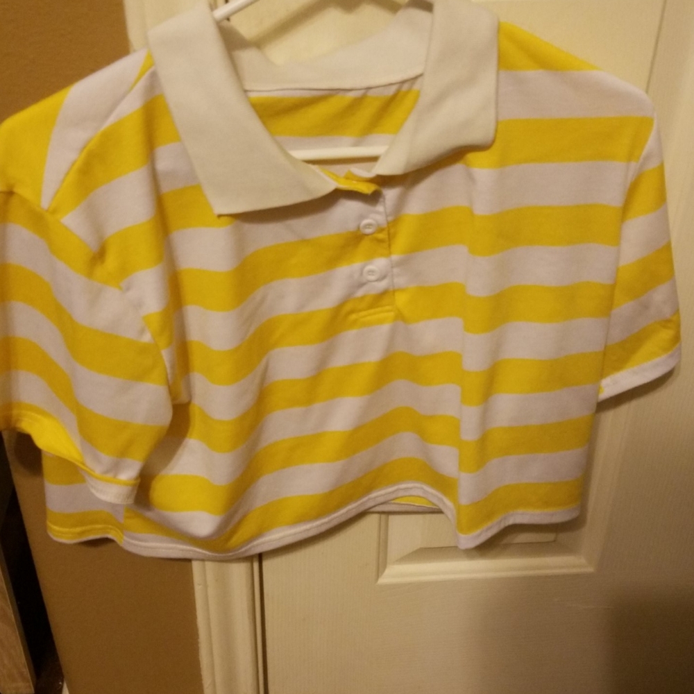 Yellow and White Striped Collared Crop Top